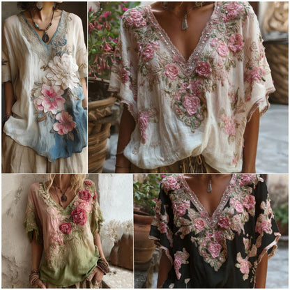💕 Elegáns mély V-nyakú virágmintás blúz 【Korlátozott ajánlat: -45% KEDVEZMÉNY】 Méretek: S-4XL