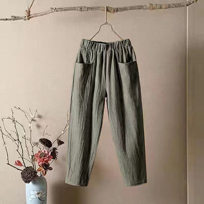 👖【50% kedvezmény】M-4XL vékony női egyszínű pamut-len alkalmi nadrág, rugalmas derékpánt、