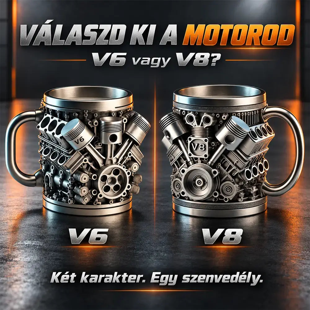 🎁☕ Kreatív V6/V8 motoros rozsdamentes acél kávés bögre