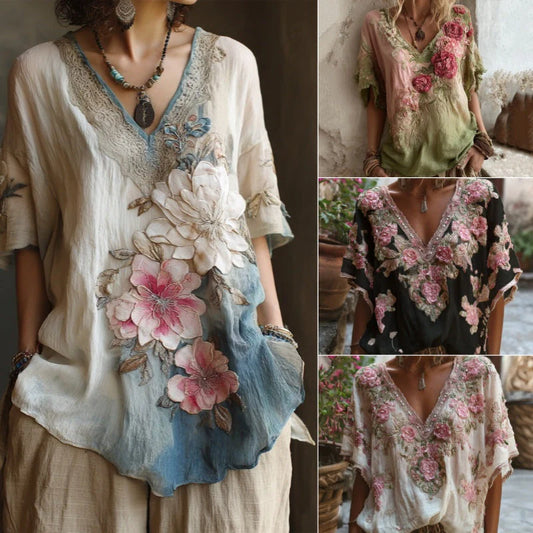 💕 Elegáns mély V-nyakú virágmintás blúz 【Korlátozott ajánlat: -45% KEDVEZMÉNY】 Méretek: S-4XL