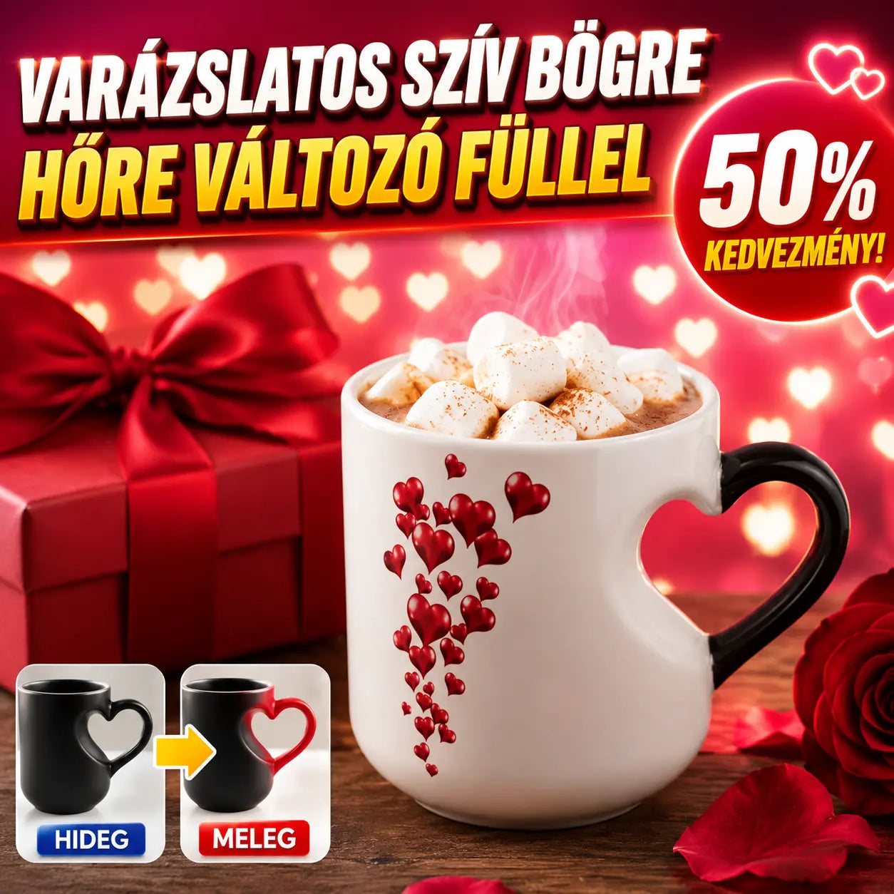 📢📢50% kedvezmény!!! ⏰Romantikus szív alakú kerámia bögre (színváltós füllel)💝✨