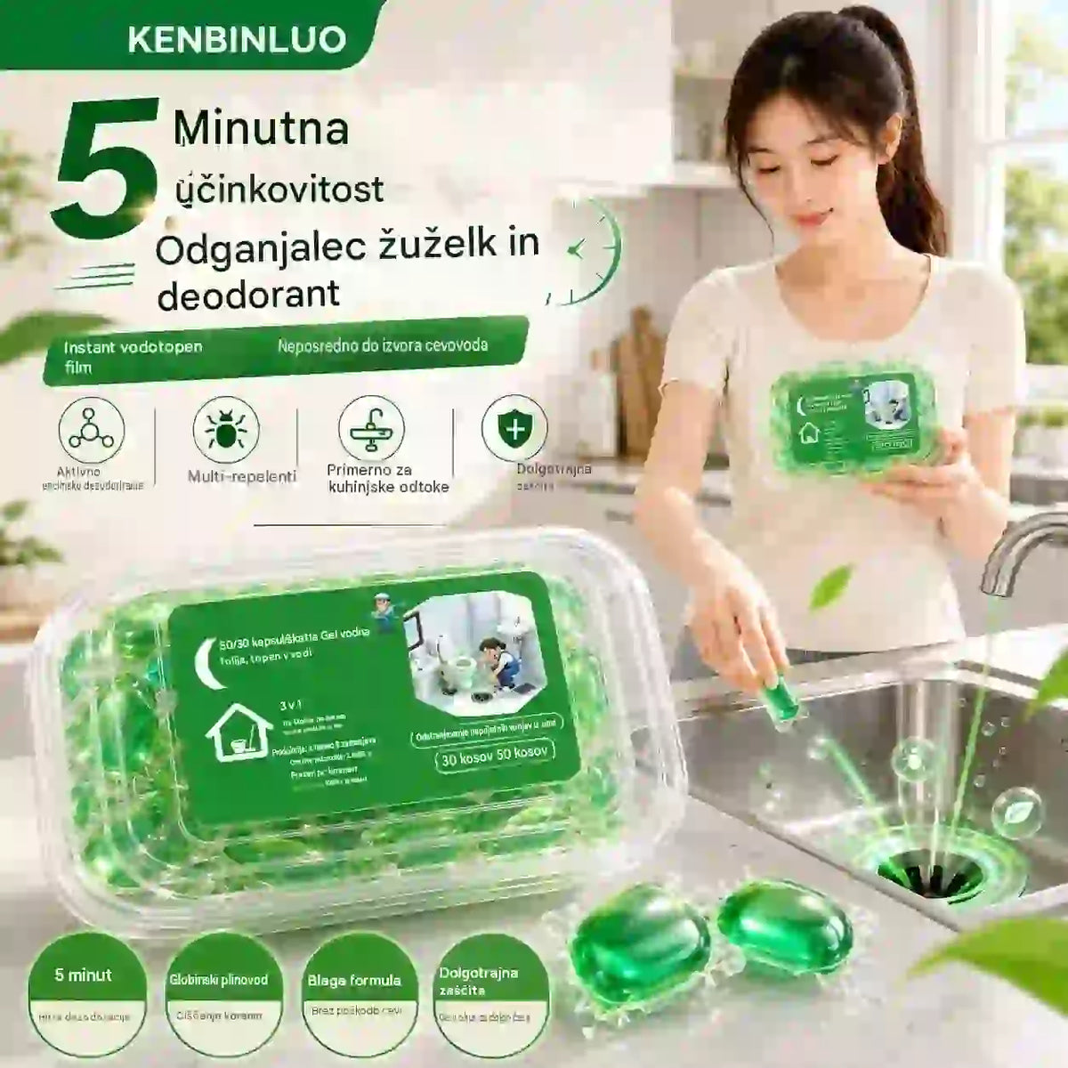 2 pakiranja (100 tablet) 👍Vodotopne kapsule za odstranjevanje vonjav iz odtokov - popolna rešitev za preprečevanje širjenja vonjav v kopalnicah in kuhinjah.