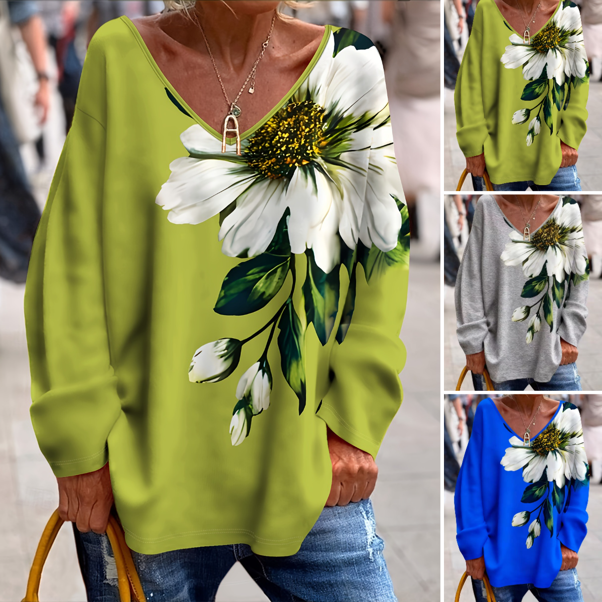 💐【S-2XL】Wiosenno-jesienna modna damska koszulka z dekoltem w serek i kwiatowym nadrukiem