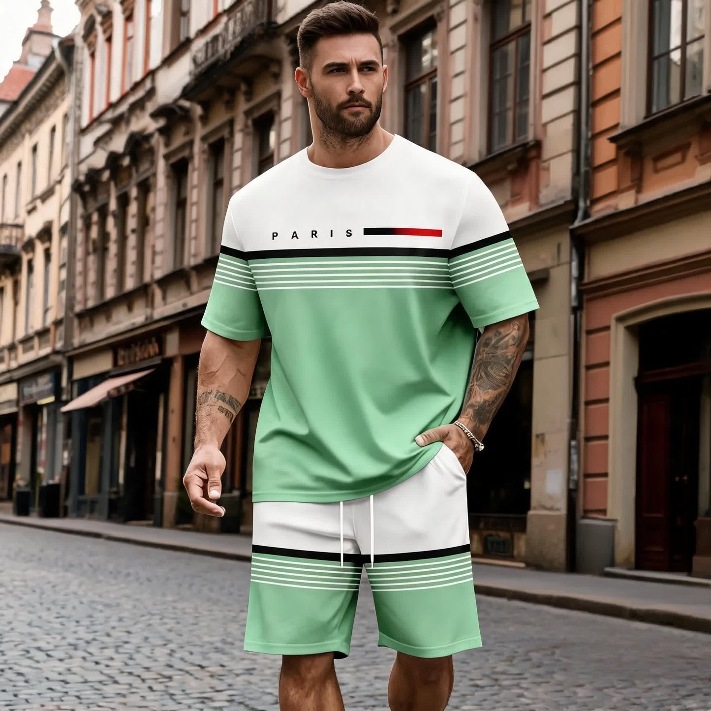 【S-5XL】Férfi laza és kényelmes rövid ujjú póló és rövidnadrág szett betűmintával.