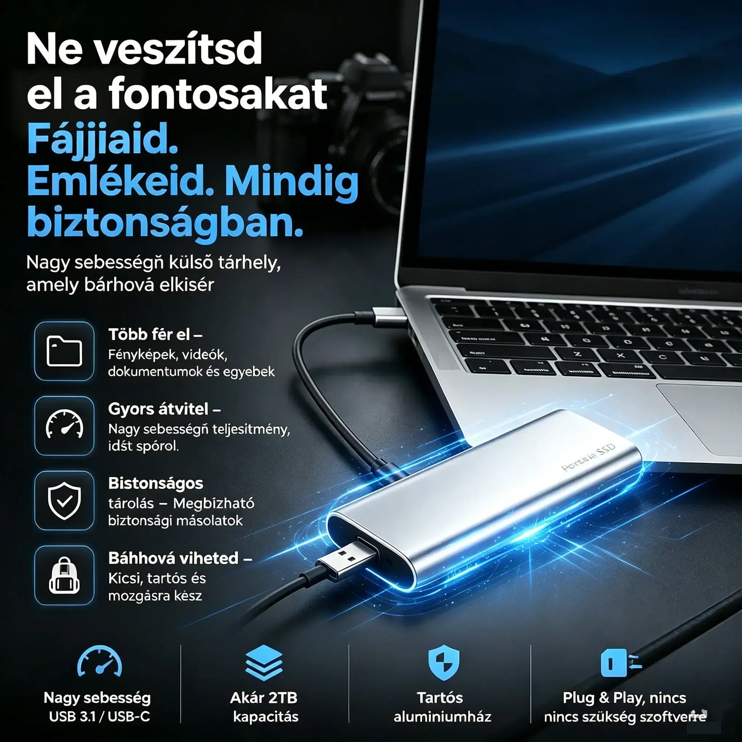 【Második termék féláron】Hordozható külső SSD meghajtó - Védd meg fotóidat, videóidat és fontos fájljaidat.