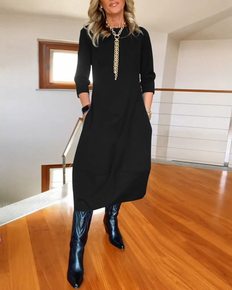 🔥【S-5XL】✨🙌Elegáns, egyszínű, hosszú ujjú ruha, kényelmes és praktikus, mindennapi viseletre alkalmas.