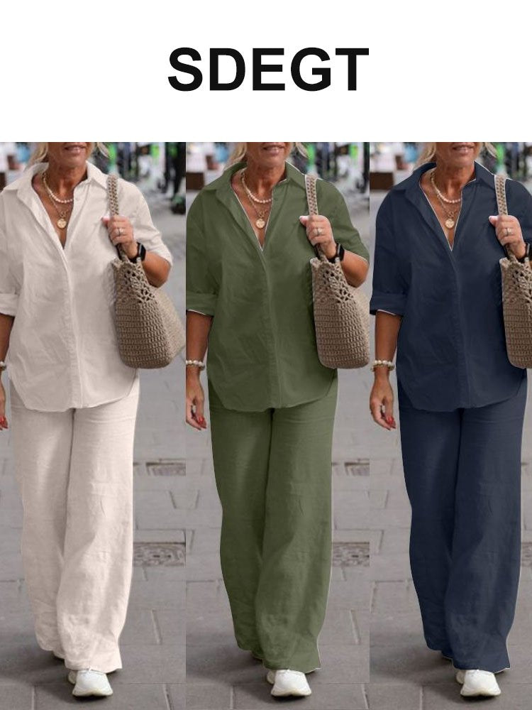 ❤️50% kedvezmény【Felső + nadrág】【S-5XL】Egyszínű alkalmi öltöny széles szárú nadrággal