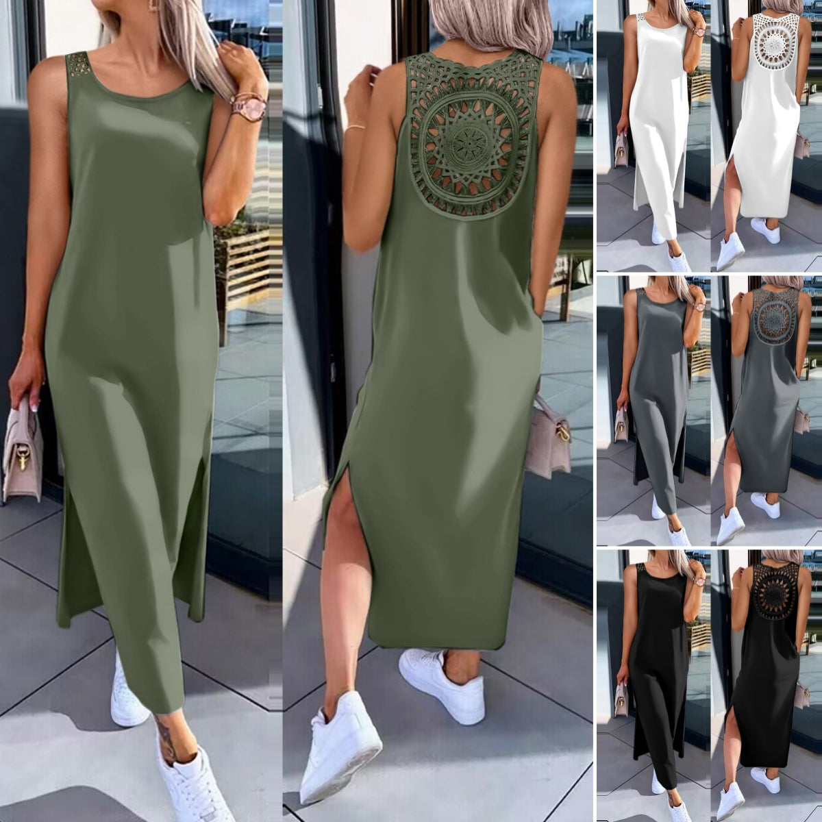 【30% OFF】【S-XXL】Nyári ruha oldalsó hasítékos, ujjatlan, csipkés