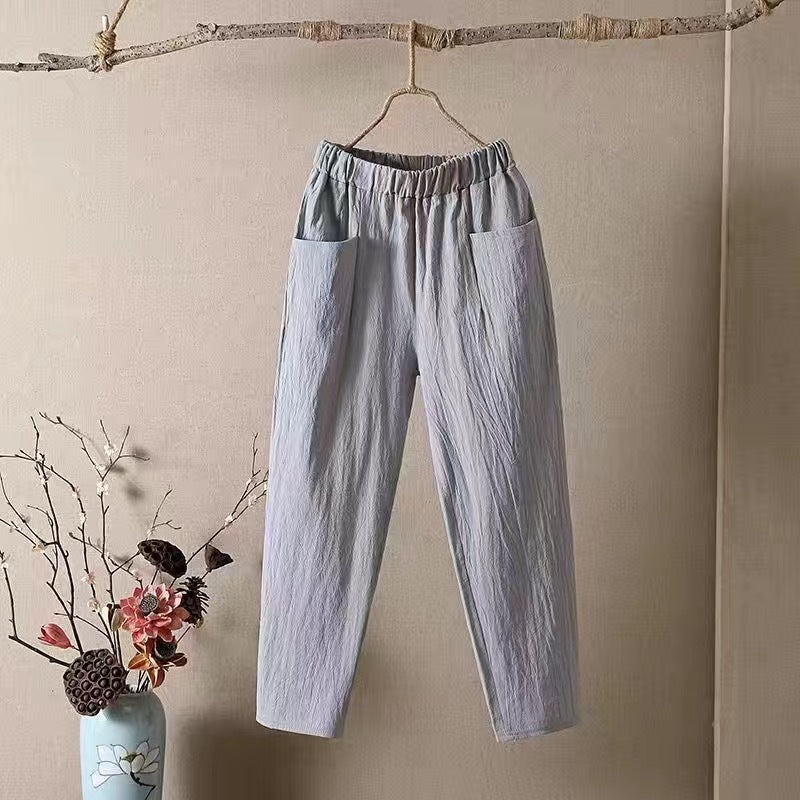 👖【50% kedvezmény】M-4XL vékony női egyszínű pamut-len alkalmi nadrág, rugalmas derékpánt、