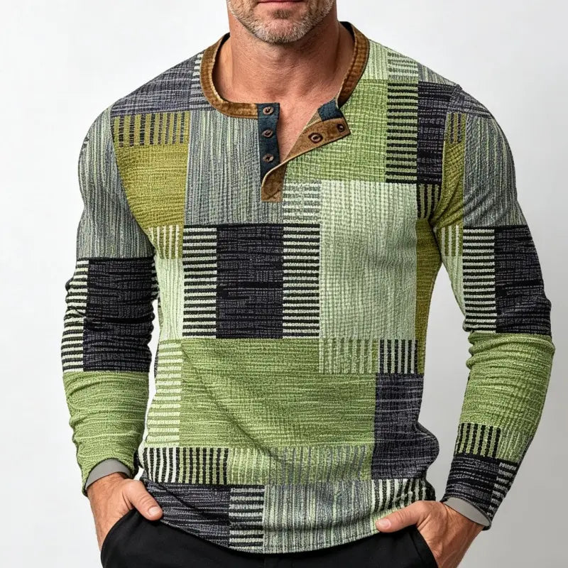 🎁【S-4XL】 👔2026 Új Divatos Férfi Hosszú Ujjú Mintás Színblokkos Póló