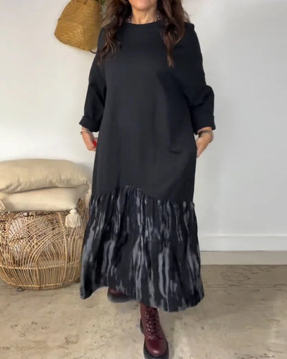 ✨👗【S-3XL】Női bő ruha kerek nyakkivágással, szabálytalan patchwork mintával díszítve, sokoldalú és kényelmes.