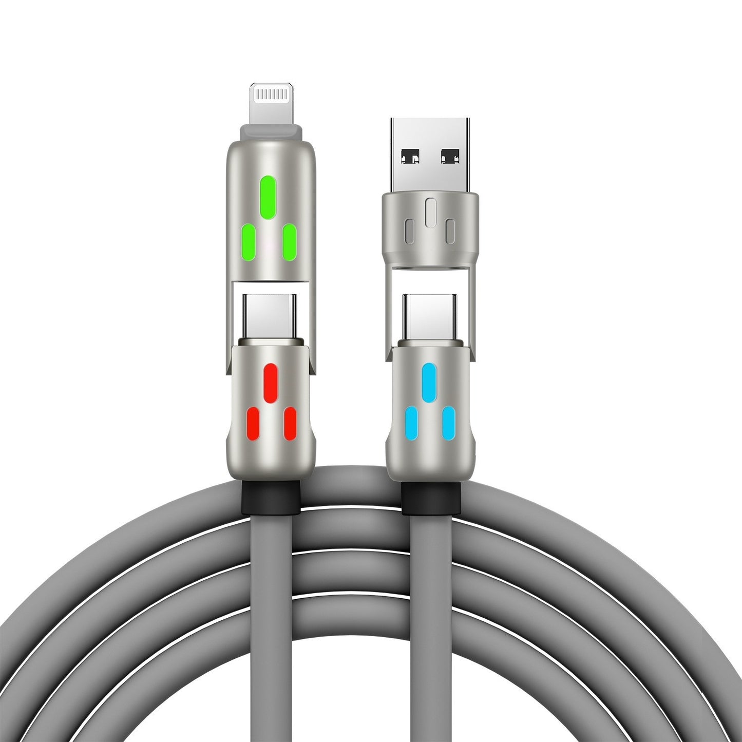 🔥【2 db 9000 Ft】🔥(2 méter hosszú) 4 az 1-ben PD 240W kábel - Gyors USB-C, Lightning és USB-A töltés, alumínium és szilikon kivitel, adatátvitel ⚡📱