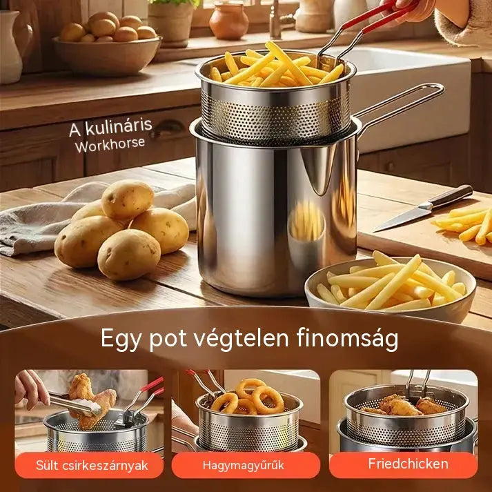 Rozsdamentes acél mini fritőz sütőkosárral – Kompakt, olajtakarékos és nem fröccsen! 🍟🍗
