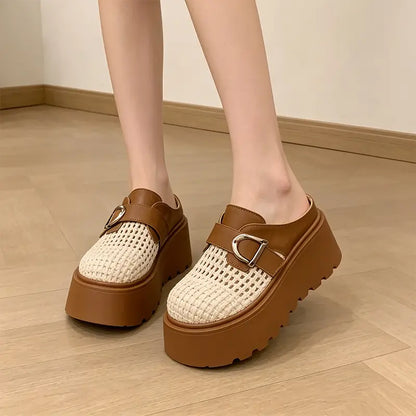 Nyári magas platform papucs, fonott és légáteresztő dizájn, retro-modern stílus, 35-40 méret
