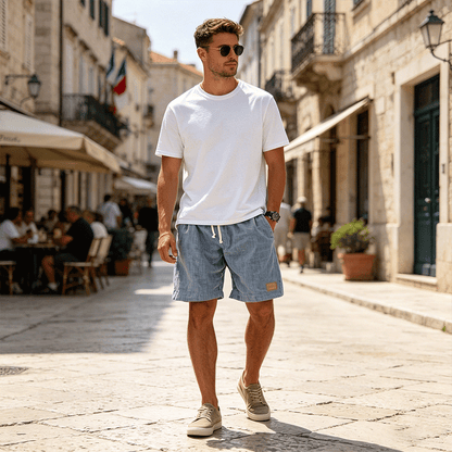 ⏳🔥【Utolsó nap -50%】👖【S-5XL】【55-110 kg】Férfi lezser rövidnadrág 2026 lenvászon hatással és húzózsinórral (nagy méretekben).