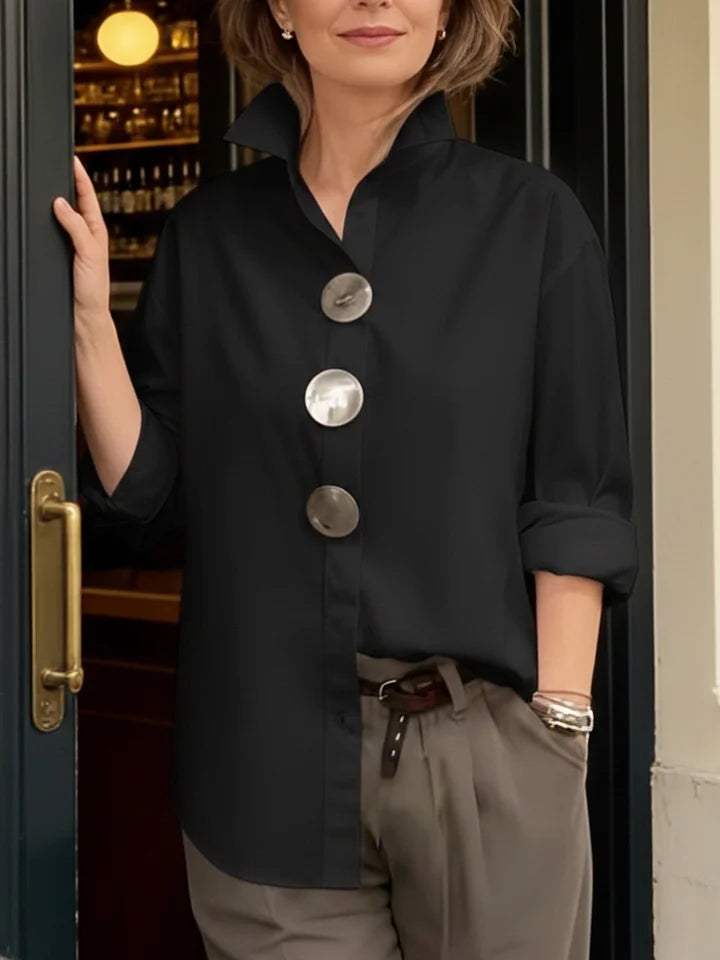 Elegáns ⏰ Új érkezés 2026 🤩 Stílusos és elegáns ❤️ 👉 【S-3XL】Pamut-len keverék ing, állógalléros kialakítással, fém gombokkal