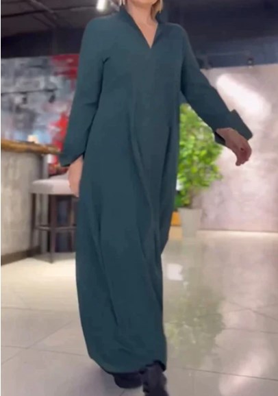 💟【S-3XL】Egyszínű, lezser ruha V-nyakkal és hosszú ujjakkal