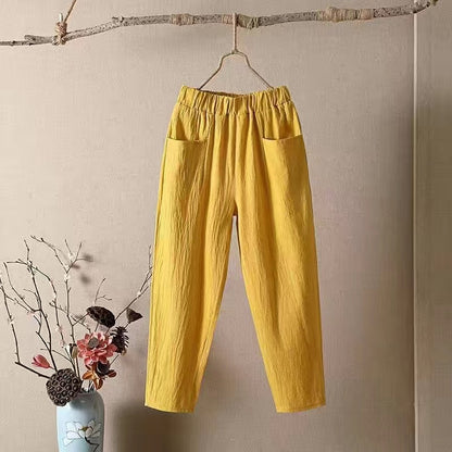 👖【50% kedvezmény】M-4XL vékony női egyszínű pamut-len alkalmi nadrág, rugalmas derékpánt、
