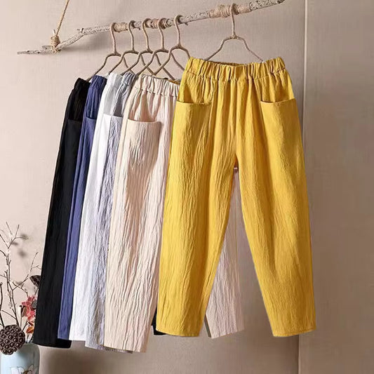 👖【50% kedvezmény】M-4XL vékony női egyszínű pamut-len alkalmi nadrág, rugalmas derékpánt、