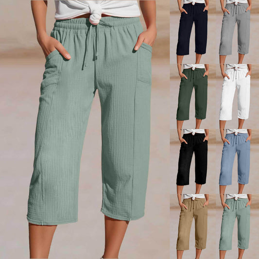 🌸【50% kedvezmény】Női egyszínű, ráncolt pamut-len hosszú (7/8-as) nadrág