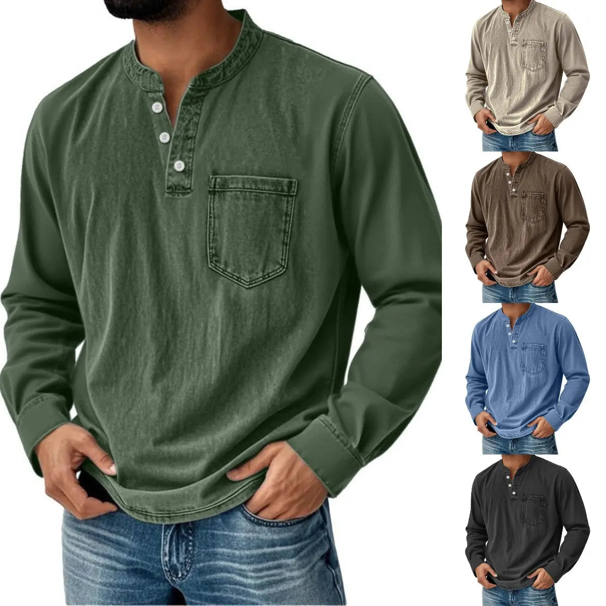 ✨👔 Férfi hosszú ujjú Henley-ing mellzsebbel | Klasszikus, lezser stílus
