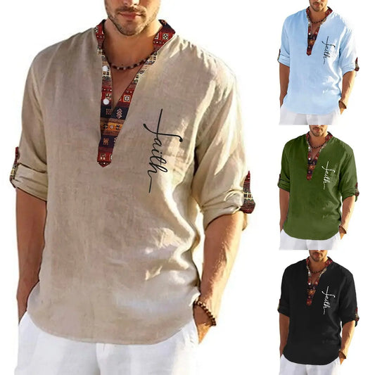 💥👔【50% kedvezmény 🔥】【S-3XL】Férfi len-pamut ing, mintás, V-nyakú kialakítással