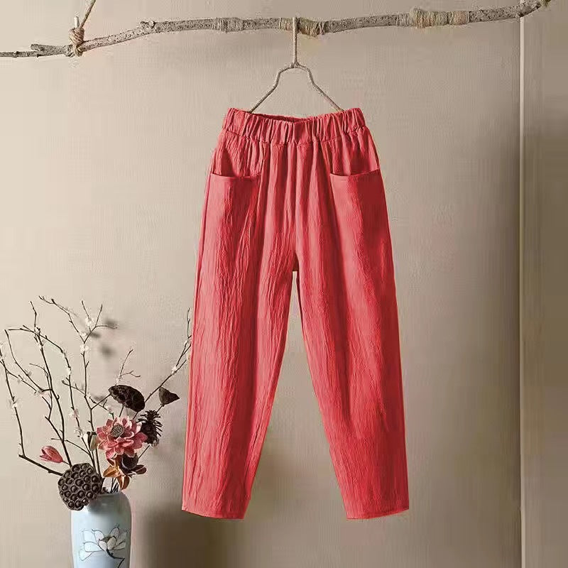 👖【50% kedvezmény】M-4XL vékony női egyszínű pamut-len alkalmi nadrág, rugalmas derékpánt、