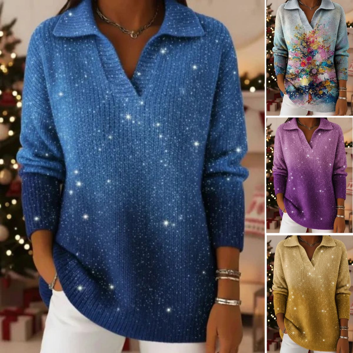 🎀【S-5XL】Csillámos Éjszaka mintaúttöltésű, rúddal ellátott fésűs pulóver
