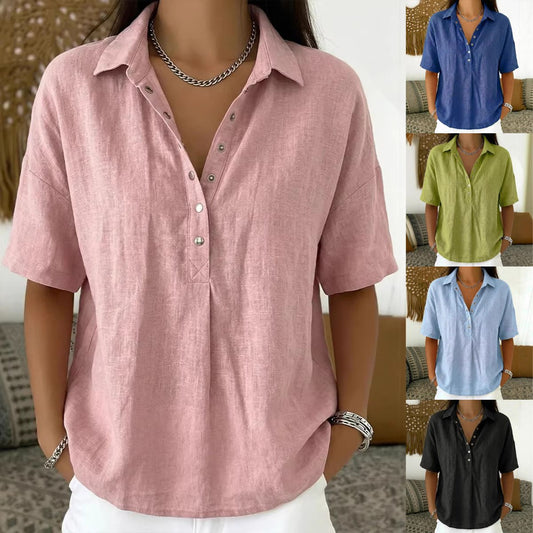 【S-3XL】Νέο γυναικείο φαρδύ, άνετο, μονόχρωμο πουκάμισο με γιακά και κοντό μανίκι για το καλοκαίρι του 2026