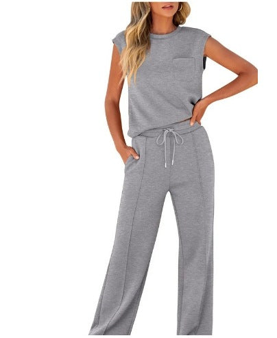 💎Korlátozott ideig 50% kedvezmény🧥Elegáns női egyszínű alkalmi szett, ujjatlan felsővel és magas derekú bő szárú nadrággal