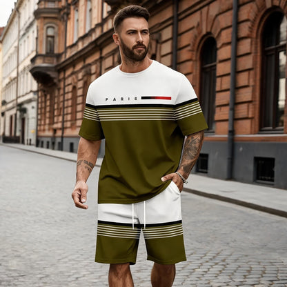 【S-5XL】Férfi laza és kényelmes rövid ujjú póló és rövidnadrág szett betűmintával.