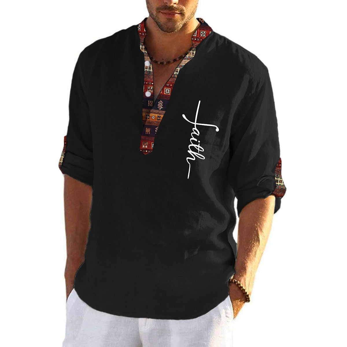 💥👔【50% kedvezmény 🔥】【S-3XL】Férfi len-pamut ing, mintás, V-nyakú kialakítással