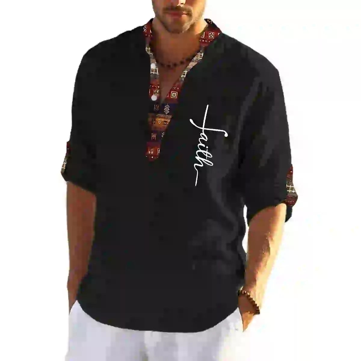 💥👔【50% kedvezmény 🔥】【S-3XL】Férfi len-pamut ing, mintás, V-nyakú kialakítással