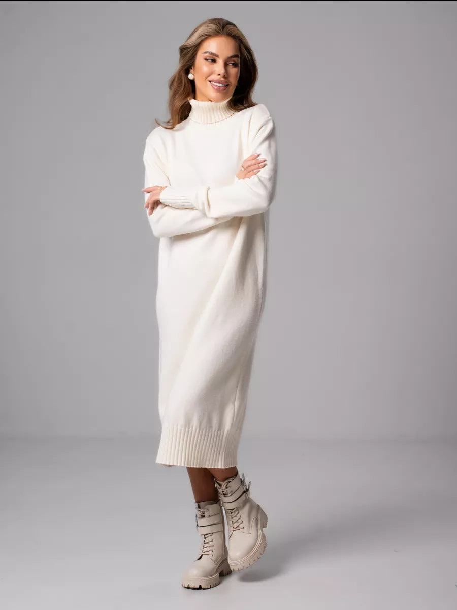 👗 Új téli stílusú, elegáns kötött ruha magas gallérral, modern és kifinomult.