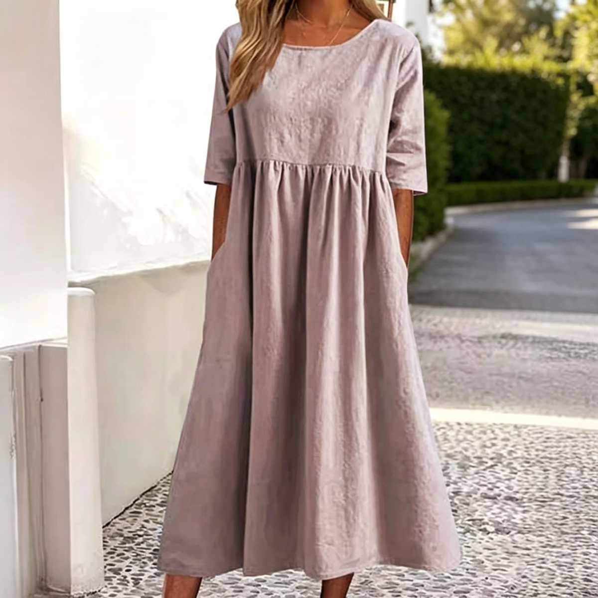 💃【50% kedvezmény】Új pamut-len alkalmi rövid ujjú ruha zsebekkel, ingyenes szállítással.