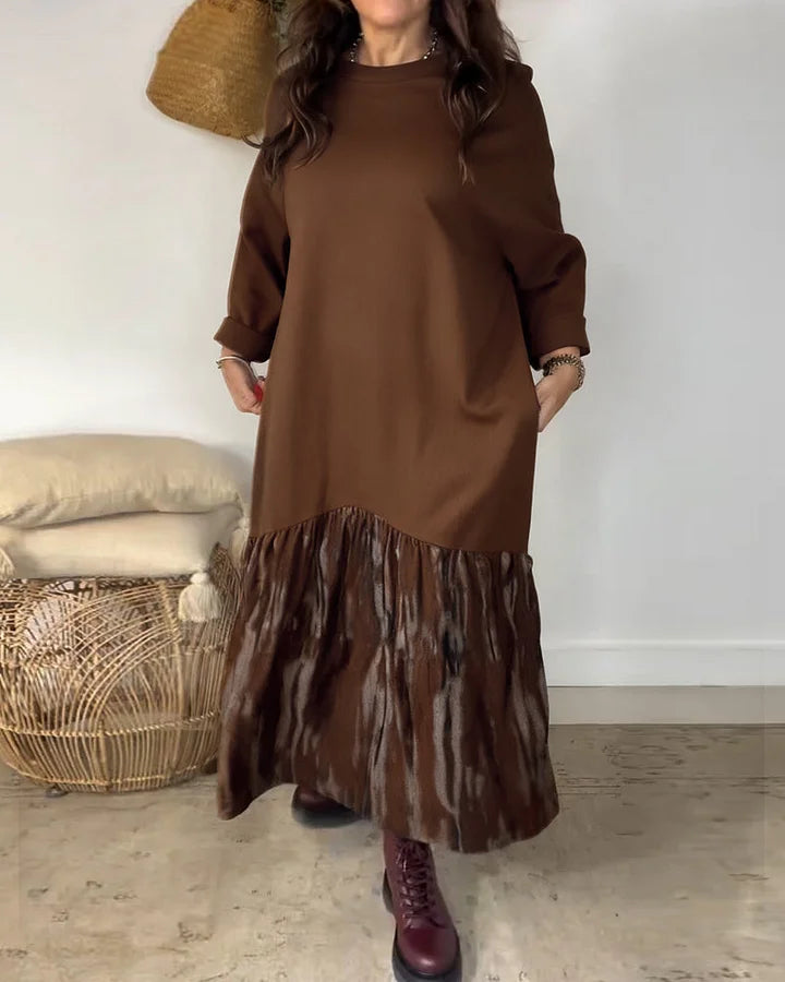 ✨👗【S-3XL】Női bő ruha kerek nyakkivágással, szabálytalan patchwork mintával díszítve, sokoldalú és kényelmes.