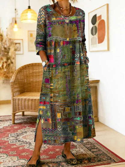 🌺✨ Zadnji dan 50% popusta!【S-5XL】Poletna retro obleka z okroglim izrezom in potiskom, lahka in zračna, oprijeta in enostavna za kombiniranje.
