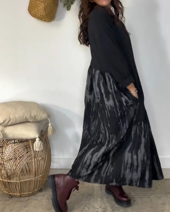 ✨👗【S-3XL】Női bő ruha kerek nyakkivágással, szabálytalan patchwork mintával díszítve, sokoldalú és kényelmes.