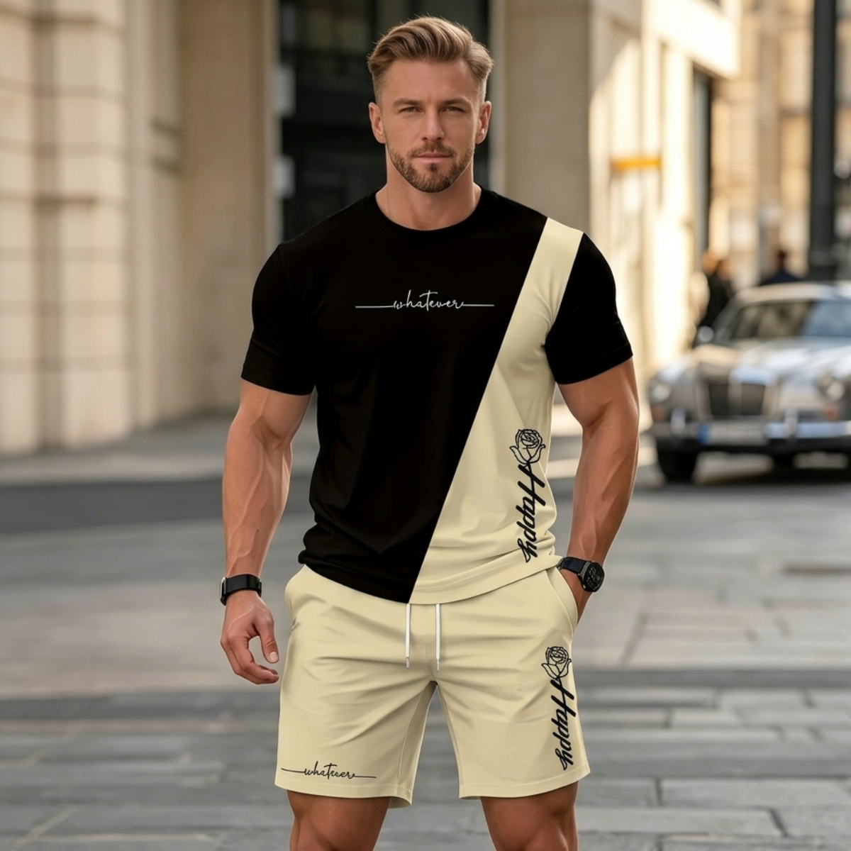 ✨【Fizetés utánvétesen】Férfi kétrészes nyári sport szett - kényelmes rövid ujjú póló és rövidnadrág mindennapi viseletre és otthoni pihenésre