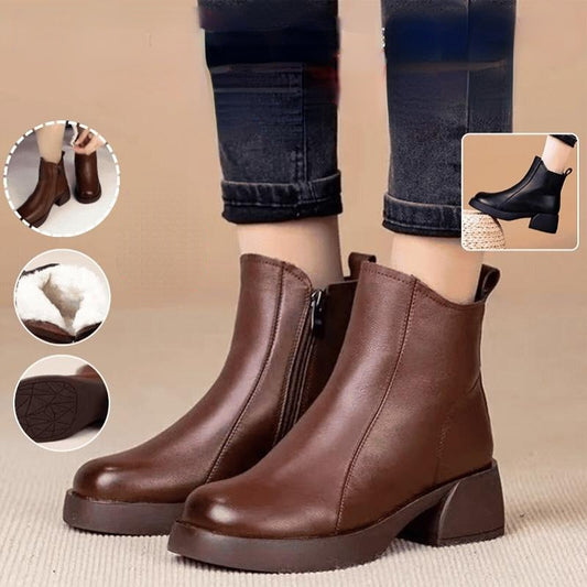 🎀👢[35-40] Téli új stílusú--Retro vastag sarkú Martin csizma női bőr csizma vízálló plusz bársony meleg pamut cipő