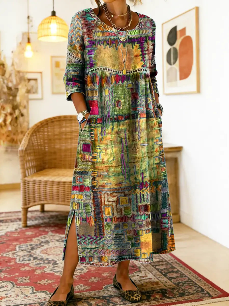 Manuela | Bohém maxi ruha etnikus patchwork mintával