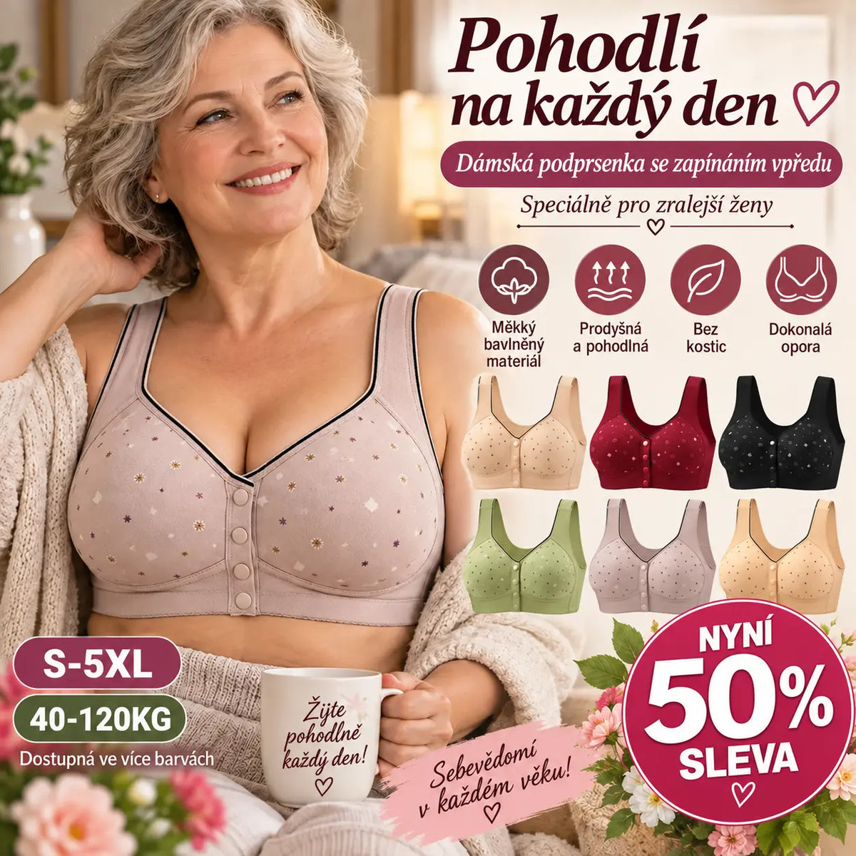 😍【3dílná sada】Dámská podprsenka bez kostic se zapínáním vpředu 【40–120 kg】❤️Pohodlná, antibakteriální, z přírodní bavlny