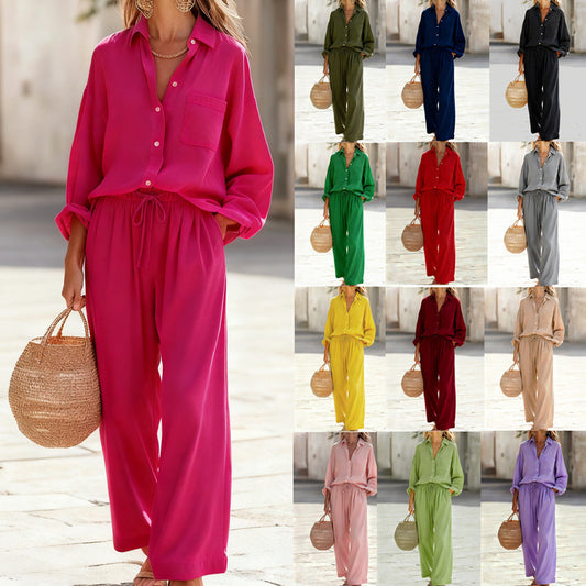 ❤️50% kedvezmény【felső + nadrág】【S-3XL】egyszínű casual szett, bő hosszú ujjú felső széles szárú nadrággal