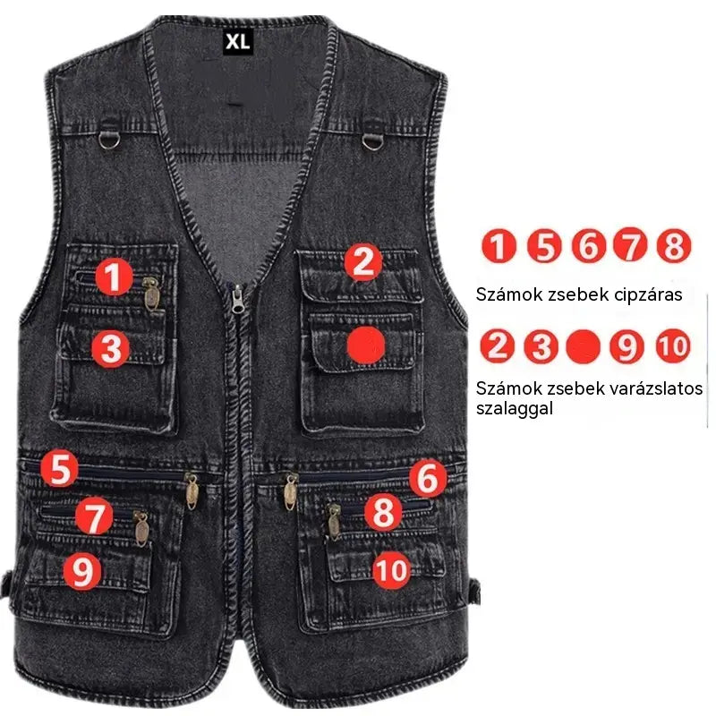 🔥50% kedvezmény【XL-7XL】2026 Férfi Több Zsebes Farmer Mellény