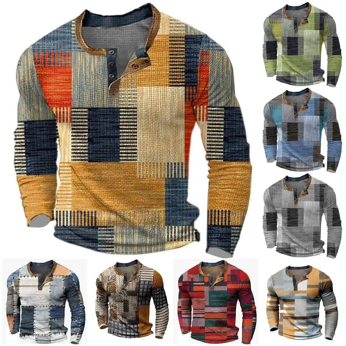 🎁【S-4XL】 👔2026 Új Divatos Férfi Hosszú Ujjú Mintás Színblokkos Póló