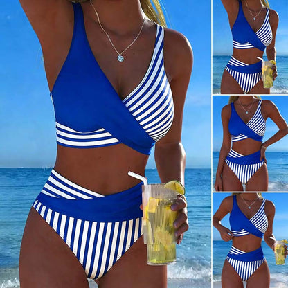 🤩【40-100kg】🌟Μπικίνι δύο τεμαχίων με χρωματιστές λεπτομέρειες - ριγέ σχέδιο
