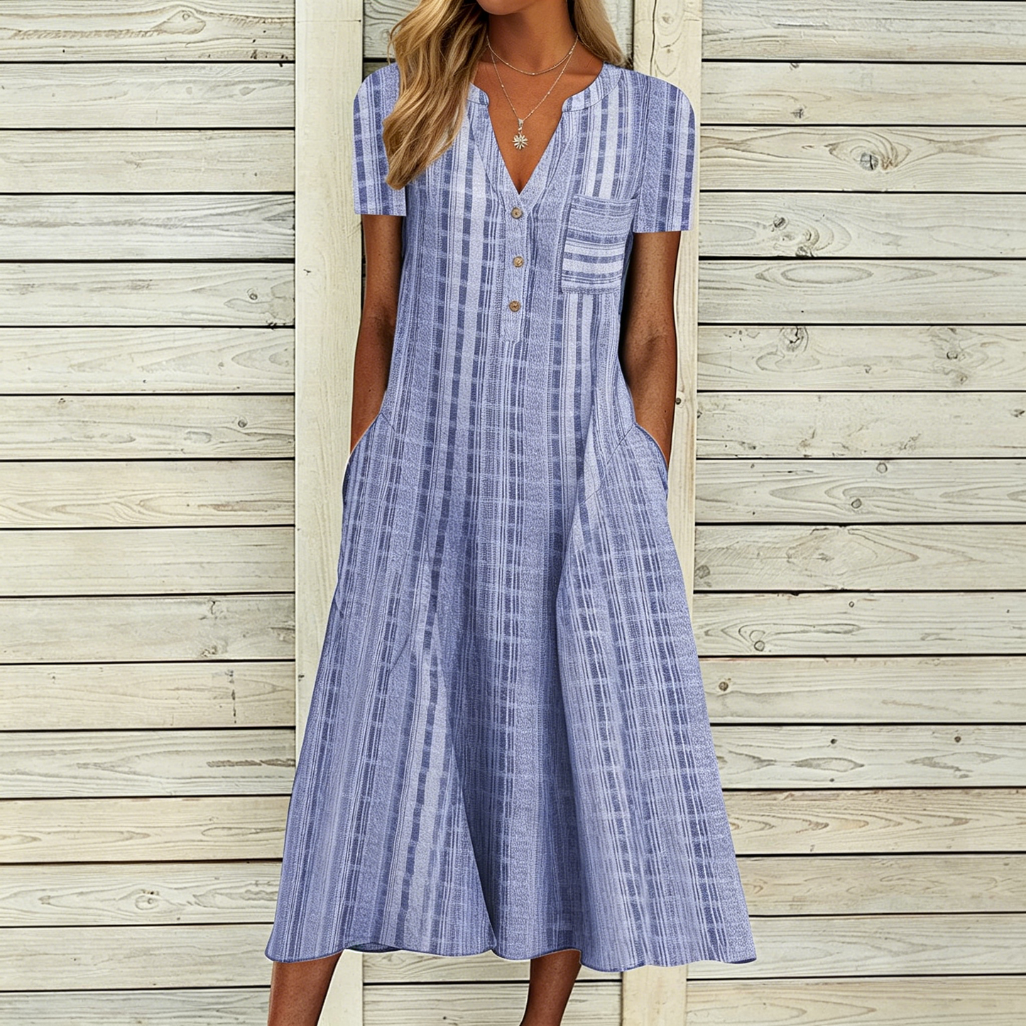 🔥【50% kedvezmény】[S-3XL]👗Elegáns kockás V nyakú A-vonalú ruha