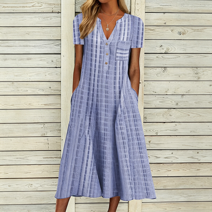 🔥【50% kedvezmény】[S-3XL]👗Elegáns kockás V nyakú A-vonalú ruha