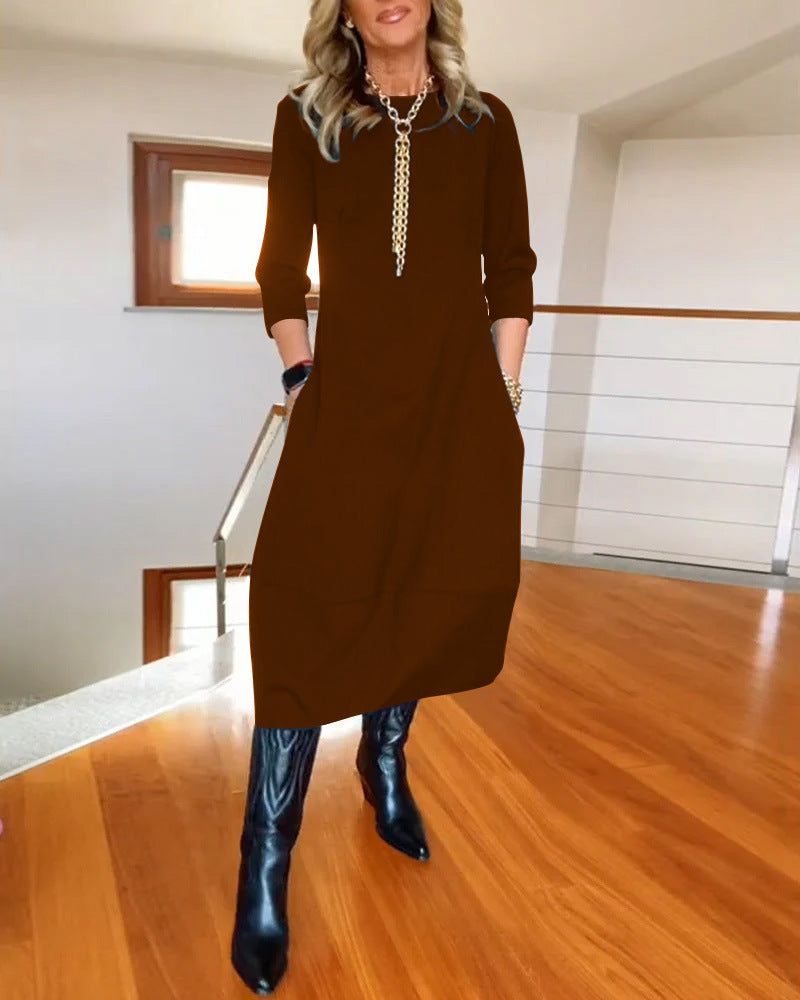 🔥【S-5XL】✨🙌Elegáns, egyszínű, hosszú ujjú ruha, kényelmes és praktikus, mindennapi viseletre alkalmas.
