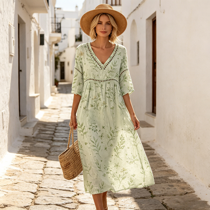 👗【S-3XL】Női hosszú pamut-len ruha mintával – nyári stílus, V-nyakkivágással